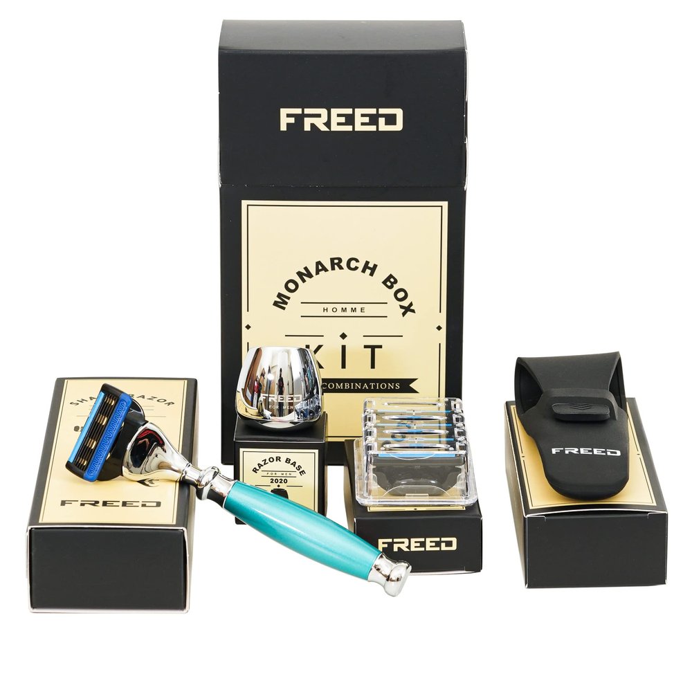 FREED Fantasy 4-Piece 5-Blade Razor Shaving Set Men's Safety Razor Grooming Gift Set with Alloy material handle Shaving for Gentleman,Best Father's Day Gift from Taiwan (Green Lake)