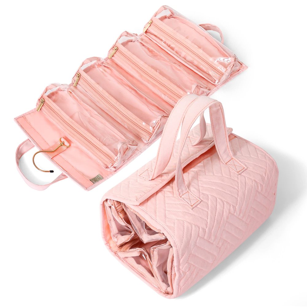 Hanging Travel Toiletry Bag for Women - Foldable Travel Bag for Women - 4 Removable XL TSA Approved Roll up Travel Bag for Cosmetic, Toiletries, Personal Items in One - Hanging Makeup Bag (Blush Pink)