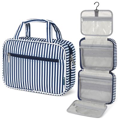 PAVILIA Hanging Toiletry Bag Travel Bag Women Men, Foldable Cosmetic Organizer, Roll up Makeup Bag, Water Resistant Accessories Toiletries, Large Travel Essentials Kit (Navy Stripe)