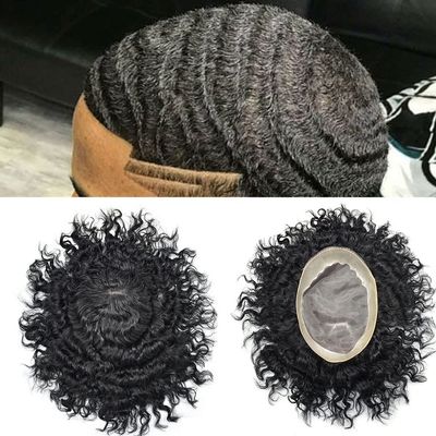 Afro Mens Toupee African American Mens Unit Toupee for Black Men Hair Replacement System European Men Hairpiece Kinky Curly Mens Toupee Hair System (8X11"-8MM WAVE, 1# JET BLACK -110% Light to Medium Density)