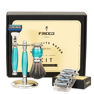 FREED Fantasy luxury 4-Piece 5-Blade Razor Shaving Set Men's Safety Razor Grooming Gift Set with Alloy material handle Shaving for Gentleman,Best Father's Day Gift from Taiwan (Green Lake)