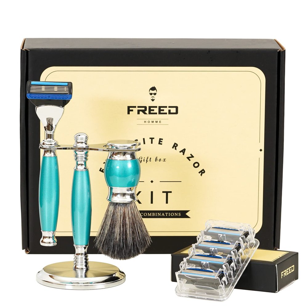 FREED Fantasy luxury 4-Piece 5-Blade Razor Shaving Set Men's Safety Razor Grooming Gift Set with Alloy material handle Shaving for Gentleman,Best Father's Day Gift from Taiwan (Green Lake)