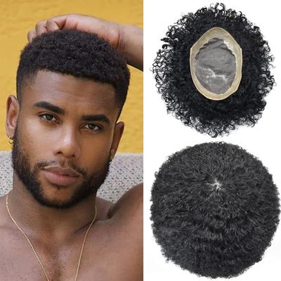 Afro Mens Toupee African American Mens Unit Toupee for Black Men Hair Replacement System European Men Hairpiece Kinky Curly Mens Toupee Hair System (8X11"-8MM WAVE, 1B# OFF BLACK -110% Light to Medium Density)