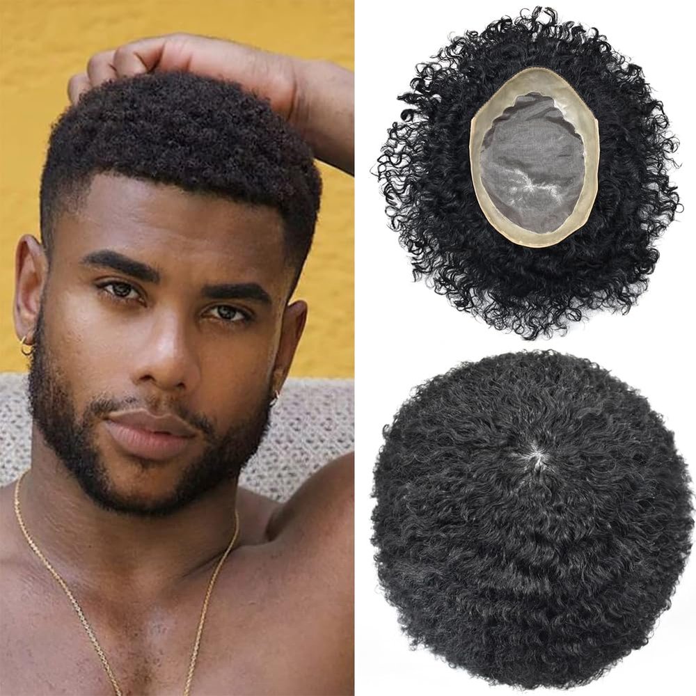 Afro Mens Toupee African American Mens Unit Toupee for Black Men Hair Replacement System European Men Hairpiece Kinky Curly Mens Toupee Hair System (8X11"-8MM WAVE, 1B# OFF BLACK -110% Light to Medium Density)