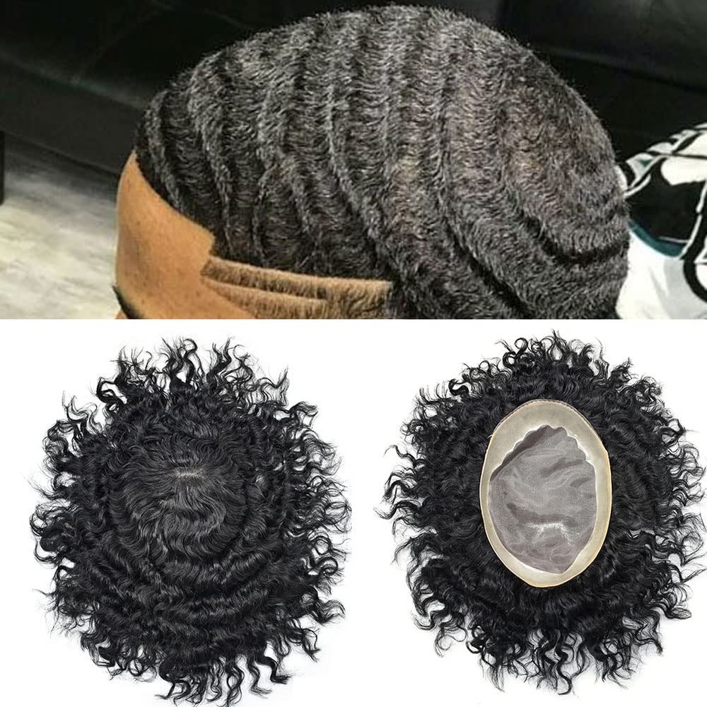 Afro Mens Toupee African American Mens Unit Toupee for Black Men Hair Replacement System European Men Hairpiece Kinky Curly Mens Toupee Hair System (7X10"-10MM WAVE, 1# JET BLACK -110% Light to Medium Density)
