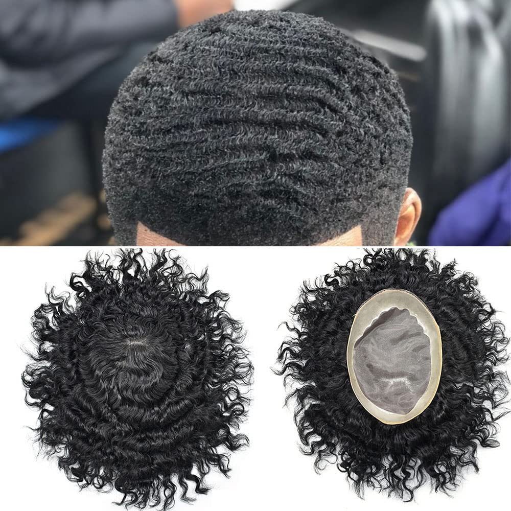 Afro Mens Toupee African American Mens Unit Toupee for Black Men Hair Replacement System European Men Hairpiece Kinky Curly Mens Toupee Hair System (8X11"-6MM WAVE, 1# JET BLACK -100% Light to Medium Density)