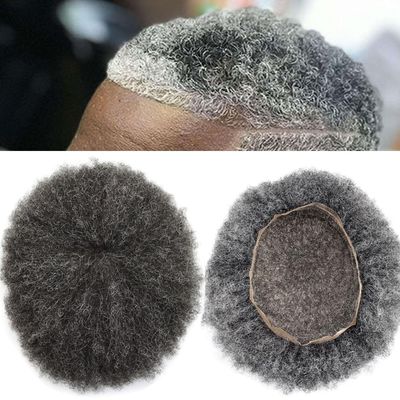 Afro Curly Mens Toupee Full French Lace African American Wigs 10x8 All Transparent Lace Hairpiece Replacement Kinky Curly Human Hair System for Black Men (6mm Wave Curl, #1B30 Off Black+30% Gray)