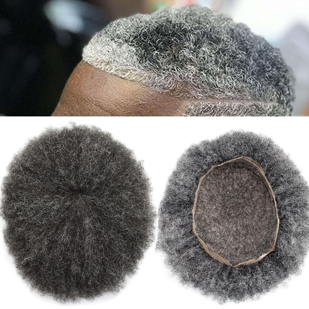 Afro Curly Mens Toupee Full French Lace African American Wigs 10x8 All Transparent Lace Hairpiece Replacement Kinky Curly Human Hair System for Black Men (6mm Wave Curl, #1B30 Off Black+30% Gray)