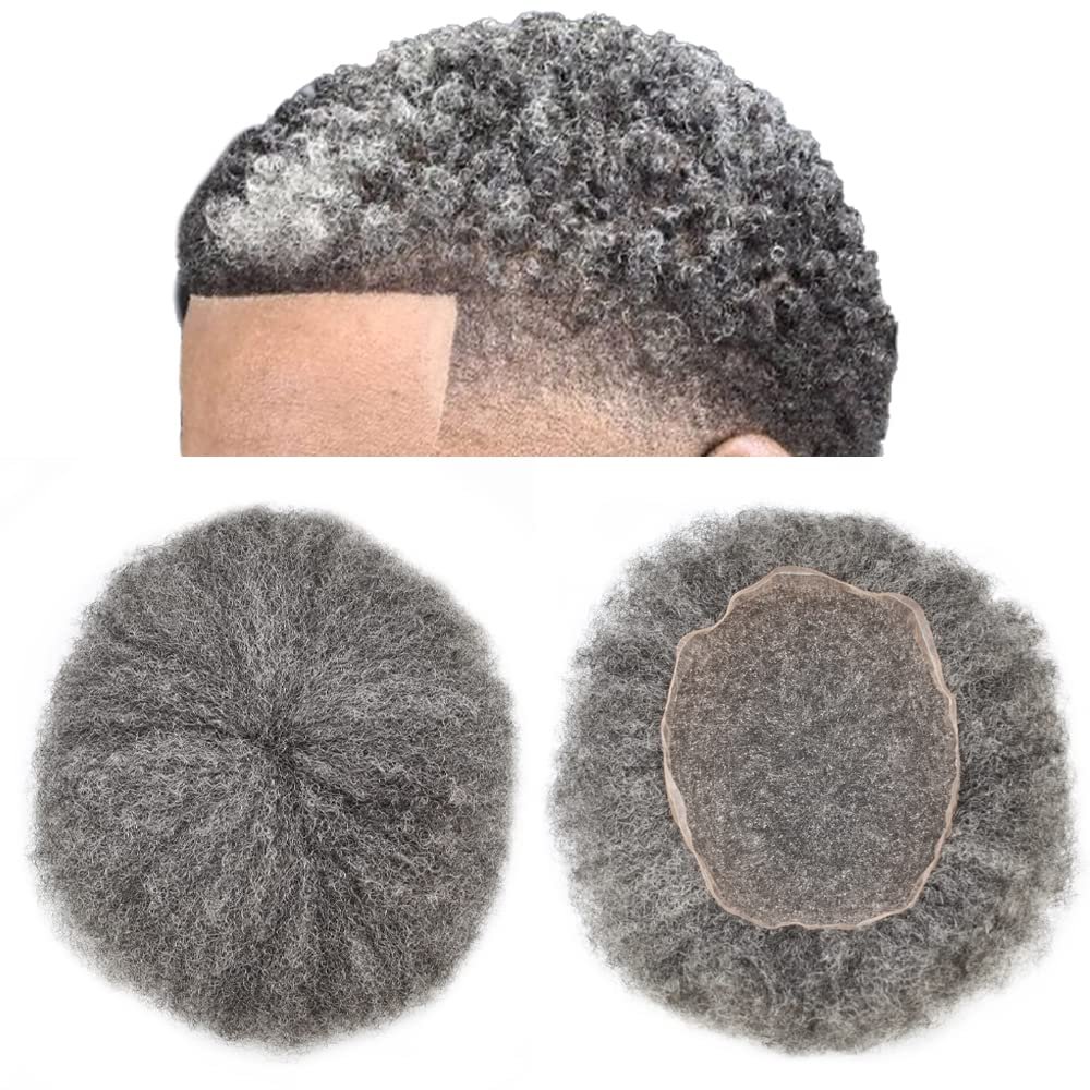Afro Curly Mens Toupee Full French Lace African American Wigs 10x8 All Transparent Lace Hairpiece Replacement Kinky Curly Human Hair System for Black Men (6mm Wave Curl, #1B50 Off Black+50% Gray)
