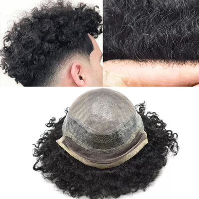 Afro Curly Toupee for Black Men Soft Lace Front Man Weave Hair Unit 100% Hand Tied Kinky Curly Brazilian Virgin Human Hair Pieces Natural Hairline African American Men Toupee 8x10 inch Coily Hair Replacement System Hair Units Black Men( 1B# OFF BLACK