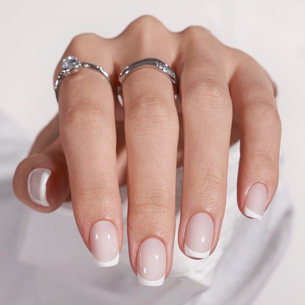 BTArtbox Press On Nails - White French Tip Press on Nails Square, Glue On Nails for Wedding Gift, Supremely Fit & Natural Stick On Nails in 15 Sizes - 30 Fake Nails Kit, Classic French