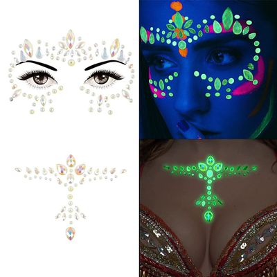 2 Pack Halloween Glow in the Dark Face Jewels Crystal Glitter Stickers, Luminous Tattoo Day of the Dead Gems Jewels Tattoos