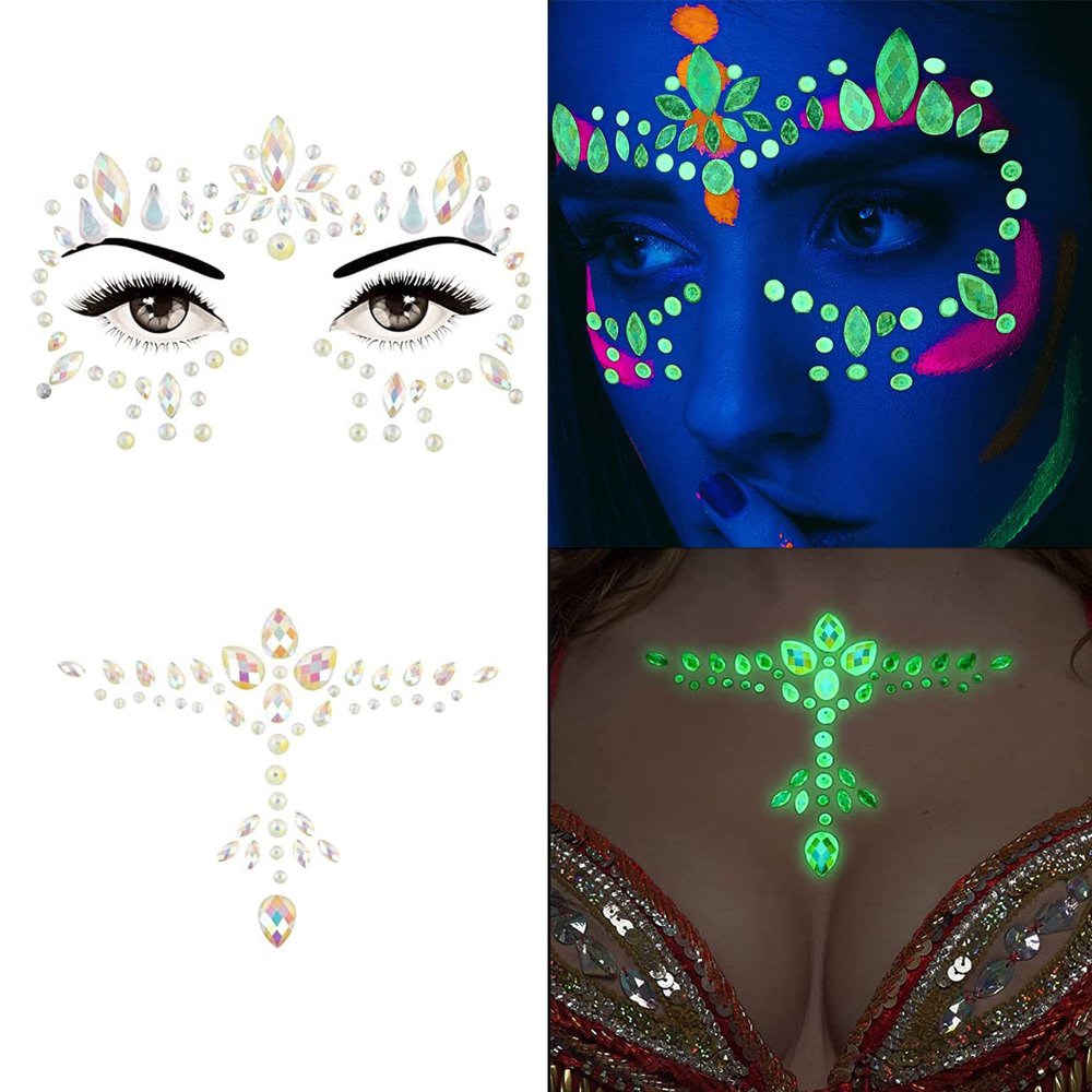 2 Pack Halloween Glow in the Dark Face Jewels Crystal Glitter Stickers, Luminous Tattoo Day of the Dead Gems Jewels Tattoos