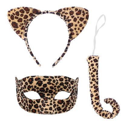 Halloween Cat Cosplay Accessories Set Cat Ear Headband with leopard print Masquerade mask for Women Halloween Costume accessory for Women Party Costume