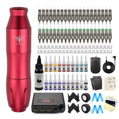 TATELF Rotary Pen Kit Professional Complete Machine Starter Set with 40pcs Cartridge Needles Power Supply Foot Pedal 21 Colors Ink For Beginners & Artists(Red)