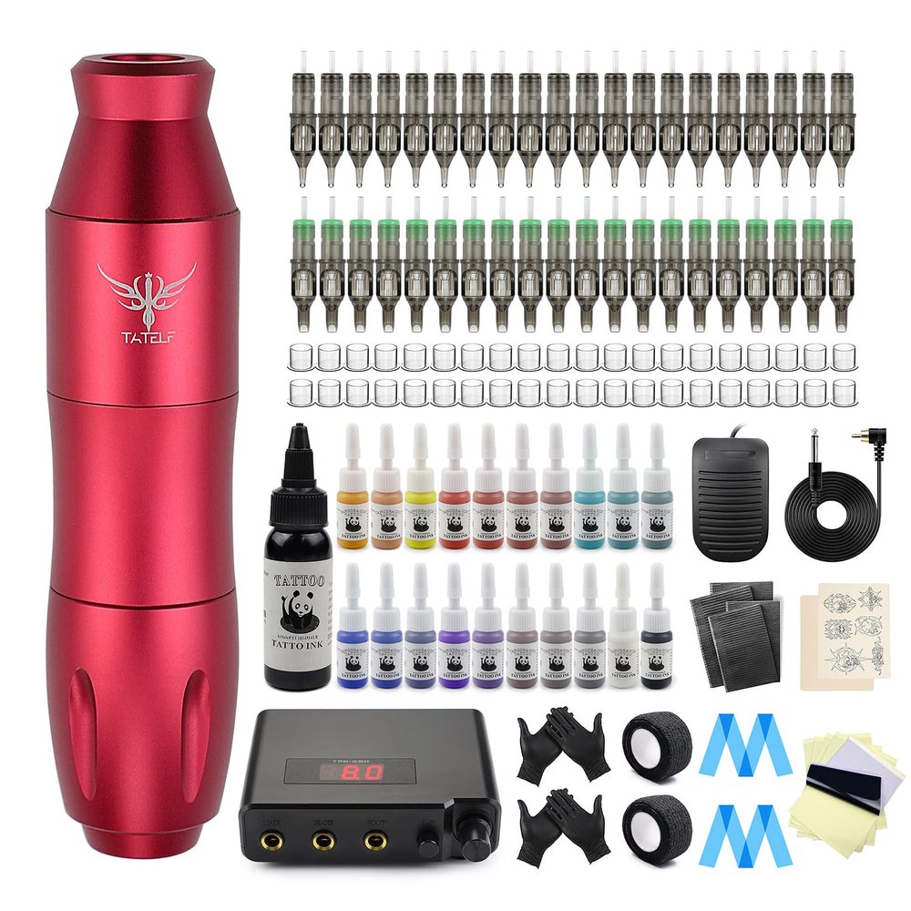 TATELF Rotary Pen Kit Professional Complete Machine Starter Set with 40pcs Cartridge Needles Power Supply Foot Pedal 21 Colors Ink For Beginners & Artists(Red)