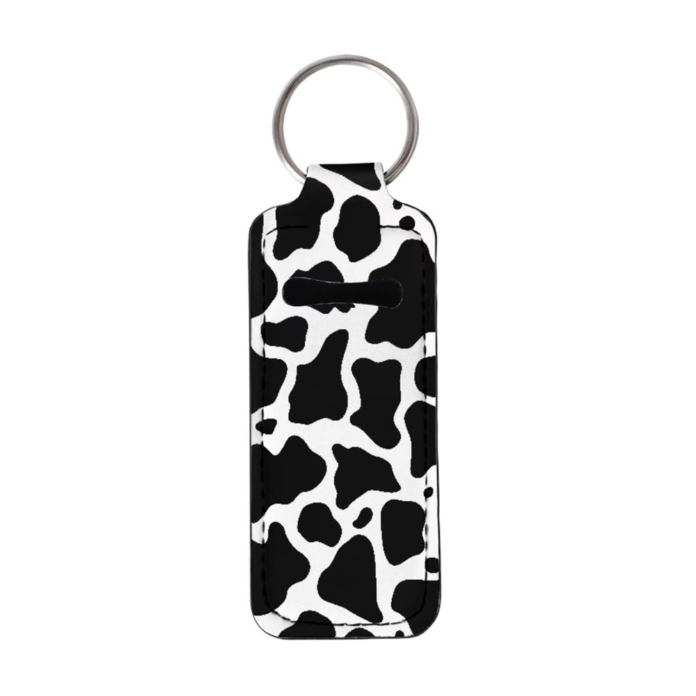 Suobstales Cow Print Chapstick Holder Keychain Neoprene Lip Balm Black White Animal Gloss Portable Tubes Pocket Bag Lipstick Case, Black and White Cow Pattern