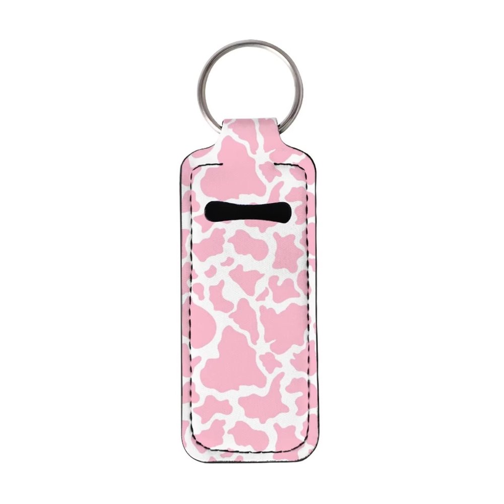 Suobstales Cow Print Chapstick Holder Keychains Neoprene Lipstick Holder Protective Cases for Girls Women Portable Pocket Lip Gloss Tube Holder,Pink, Cow Print Pink