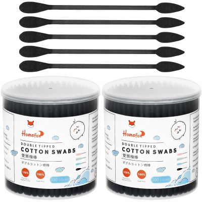 HOMEFOX Black Cotton Swabs Precision Pointed - 400 Count Organic Pointy Pointed Cotton Bud Double Side Tightly Wrapped Charcoal Cotton Tip Paper Stick Soft Gentle Cruelty-Free, Pointy & Round (Black)