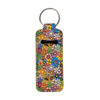 Suobstales Hippie Flower Chapstick Holder Neoprene Keychains Lipstick Colorful Cartoon Floral Case Cover Portable Balm Holders Pouch One Size