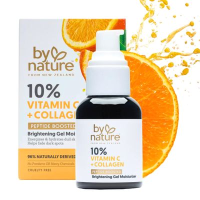By Nature Gel Face Moisturizer - 10% Vitamin C + Collagen Peptide Brightening Moisturizer for Face and Neck - Energize and Hydrate Dull Skin + Fade Dark Spots - Dry Skin Face moisturizer Gel