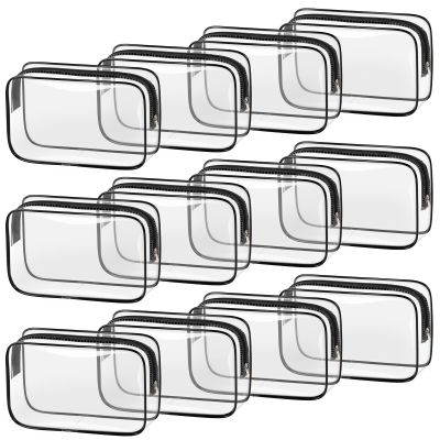 TISRATOK 12 PCS Clear Makeup Bag for Women with Zipper, TSA Approved Toiletry Pouch, Cosmetic Bag Bulk for Travel Organizer Essentials - Black,Medium
