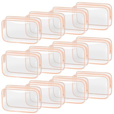TISRATOK 12 PCS Clear Makeup Bag for Women with Zipper, TSA Approved Toiletry Pouch, Cosmetic Bag Bulk for Travel Organizer Essentials - Orange-pink, Medium