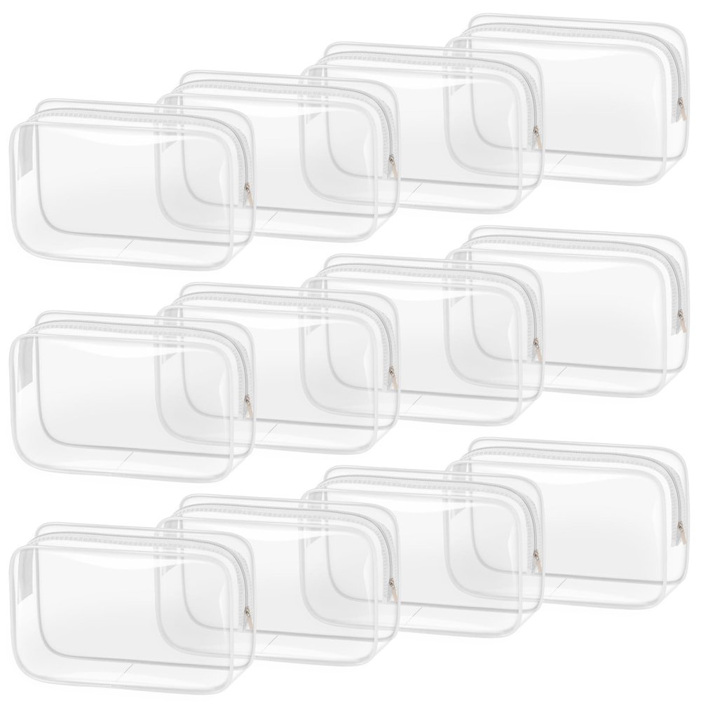 TISRATOK 12 PCS Clear Makeup Bag for Women with Zipper, TSA Approved Toiletry Pouch, Cosmetic Bag Bulk for Travel Organizer Essentials - White,Medium