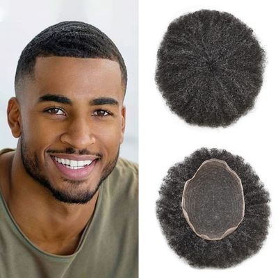 Afro Curl Toupee for Black Men 6mm Wave Hair Unit Full Lace African American Human Replacement Systems Natural Hairline Breathable Hairpiece Kinky Curly Mens Wigs(8''x10'', 110# JET BLACK), 3.0 Fl Oz