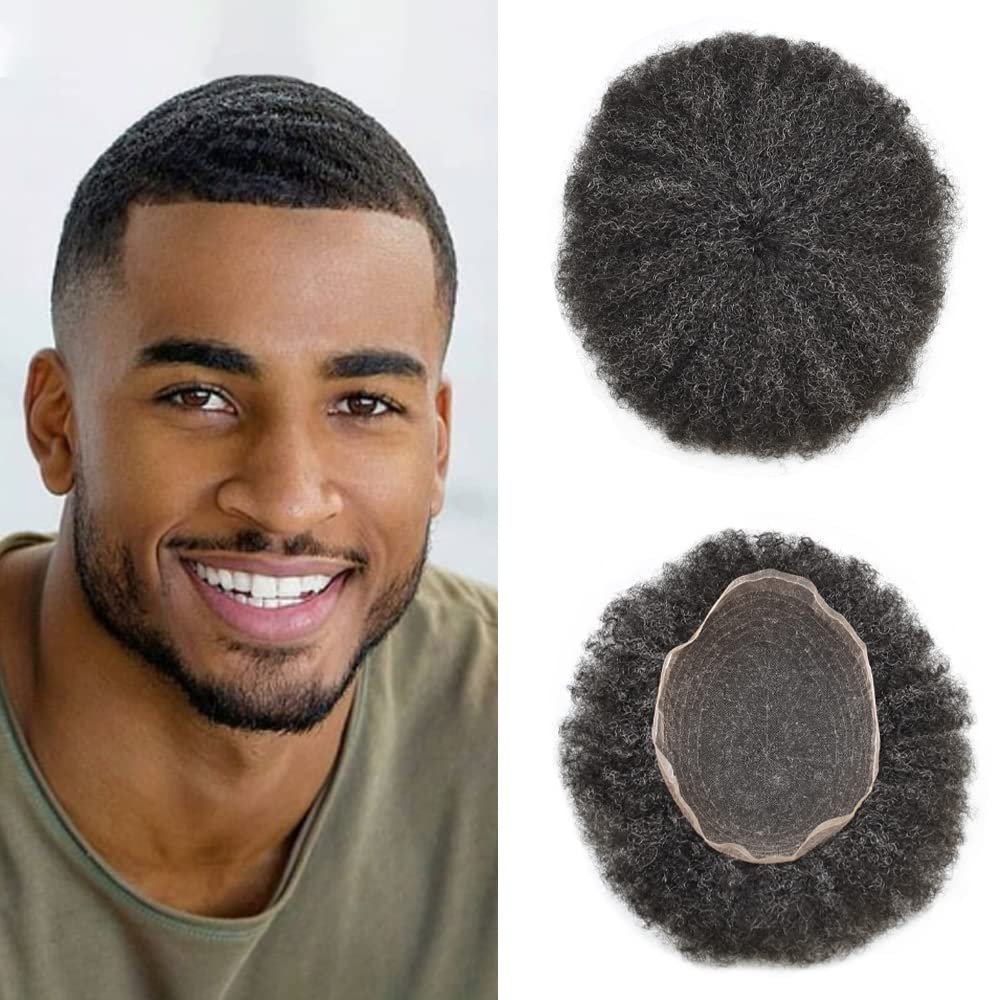 Afro Curl Toupee for Black Men 6mm Wave Hair Unit Full Lace African American Human Replacement Systems Natural Hairline Breathable Hairpiece Kinky Curly Mens Wigs(8''x10'', 110# JET BLACK), 3.0 Fl Oz