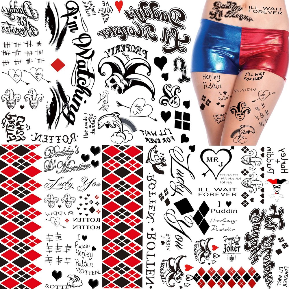 TASROI 5 Sheets HQ Joker Tattoo Stickers For Women Men Adults, Halloween Temporary Tattoos Face Makeup Kit Set, Zombie Halloween Costume ave Party Accessories, Prison Prisoner Inmate Fake Tattoos