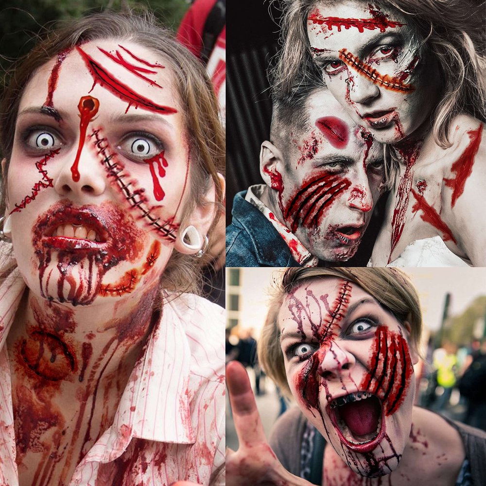 VANTATY 215+ PCS 30 Sheets 3D Fake Scars Tattoo Temporary Halloween Makeup Kit, Fake Stitches Tattoos Cut Scary Face Wound Blood Chucky Scars Tatoos For Kids Women Men Boys Girls Zombie Sticker