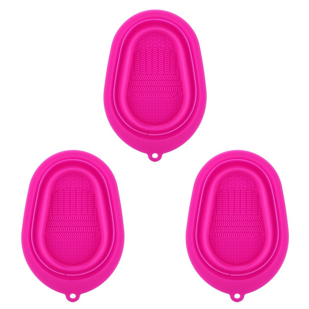 3 Pack Silicone Makeup Cleaning Brush Washing Pad Portable Foldable Makeup Brush Cleaning Bowl Organizer Travel(Rose red)