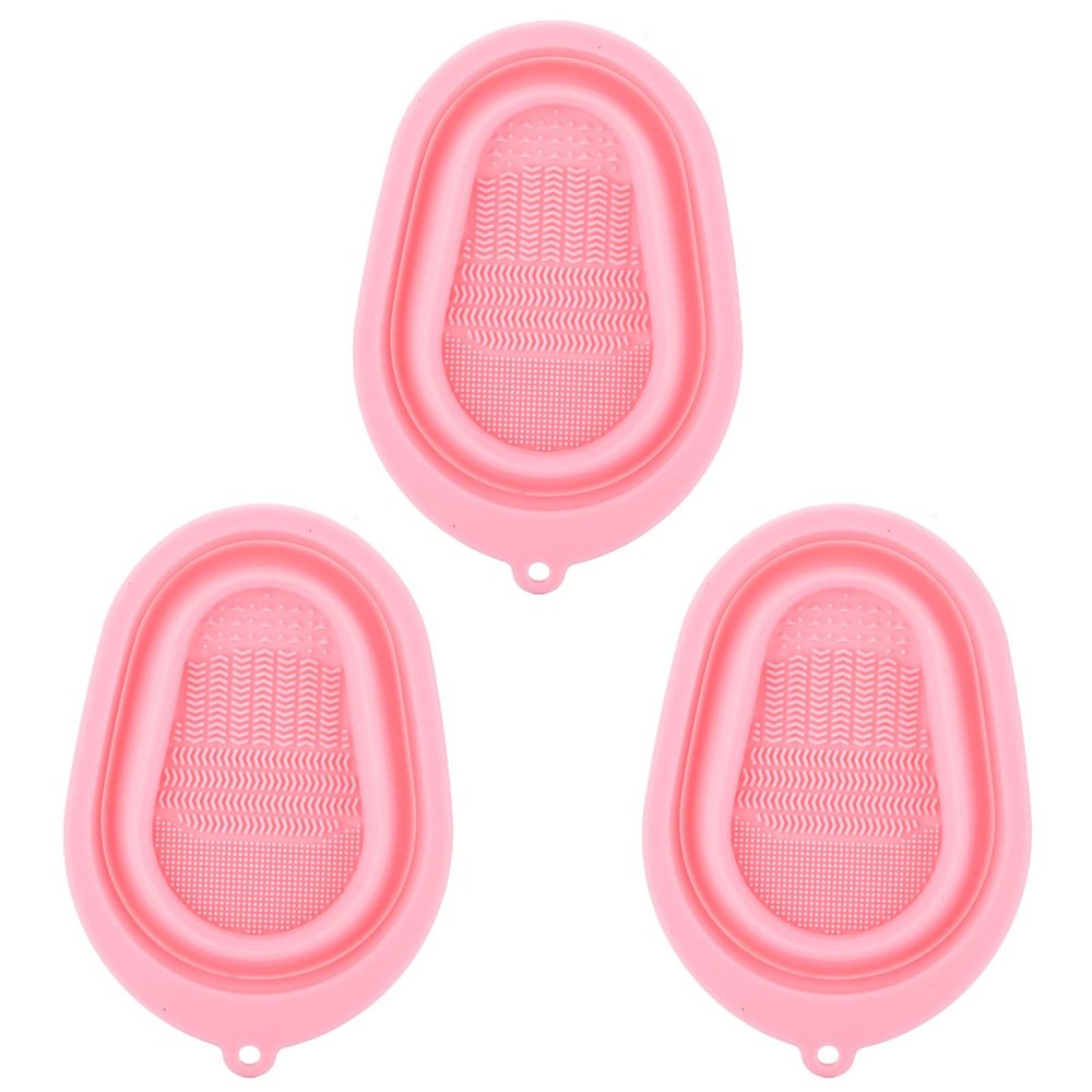 3 Pack Silicone Makeup Cleaning Brush Washing Pad Portable Foldable Makeup Brush Cleaning Bowl Organizer Travel(Pink)