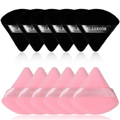 BLAAROOM 12 Pieces Velour Pure Cotton Powder Puff Face Makeup Triangle Powder Puffs for Loose Powder Wet Dry Cosmetic Foundation Beauty Sponge Makeup Tools -Black & Pink