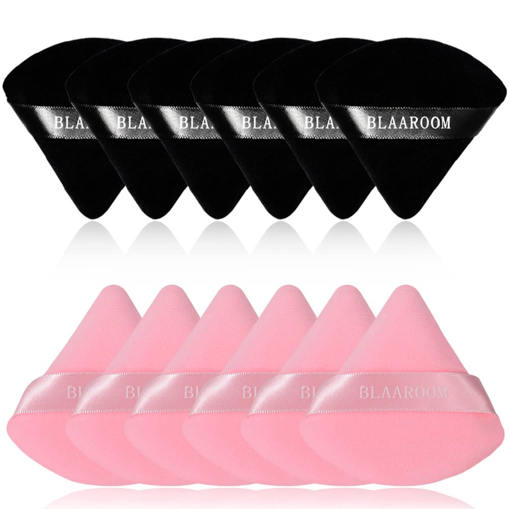 BLAAROOM 12 Pieces Velour Pure Cotton Powder Puff Face Makeup Triangle Powder Puffs for Loose Powder Wet Dry Cosmetic Foundation Beauty Sponge Makeup Tools -Black & Pink
