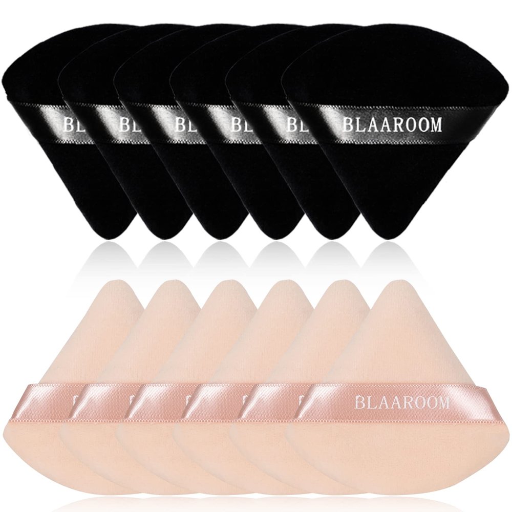 BLAAROOM 12 Pieces Velour Pure Cotton Powder Puff Face Makeup Triangle Powder Puffs for Loose Powder Wet Dry Cosmetic Foundation Beauty Sponge Makeup Tools -Black & Nude