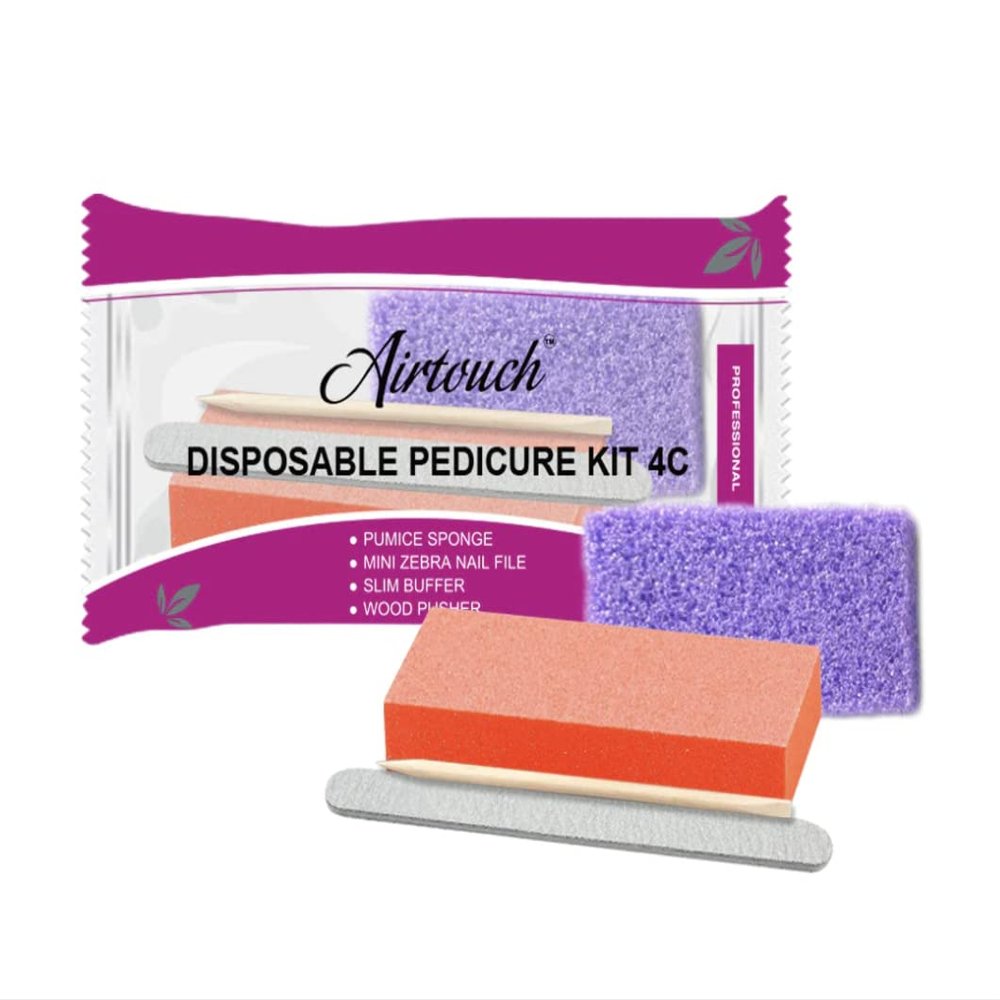 Airtouch Disposable Pedicure Kit 4C - Slim Buffer, Mini Zebra Nail File, Wood Pusher, Pumice Sponge - 200 Sets