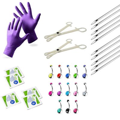 Mega Belly Button Piercing Kit 39 pc 14G Body Piercing Needles and Disposable Piercing forceps Clamps Set for Surgical Stainless Steel Belly Button Ring Navel Piercing 2 jewels