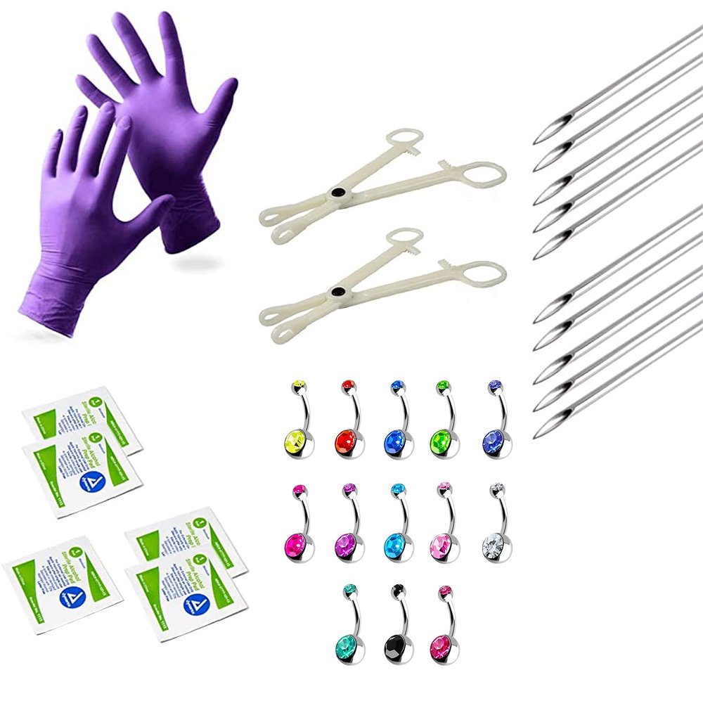 Mega Belly Button Piercing Kit 39 pc 14G Body Piercing Needles and Disposable Piercing forceps Clamps Set for Surgical Stainless Steel Belly Button Ring Navel Piercing 2 jewels