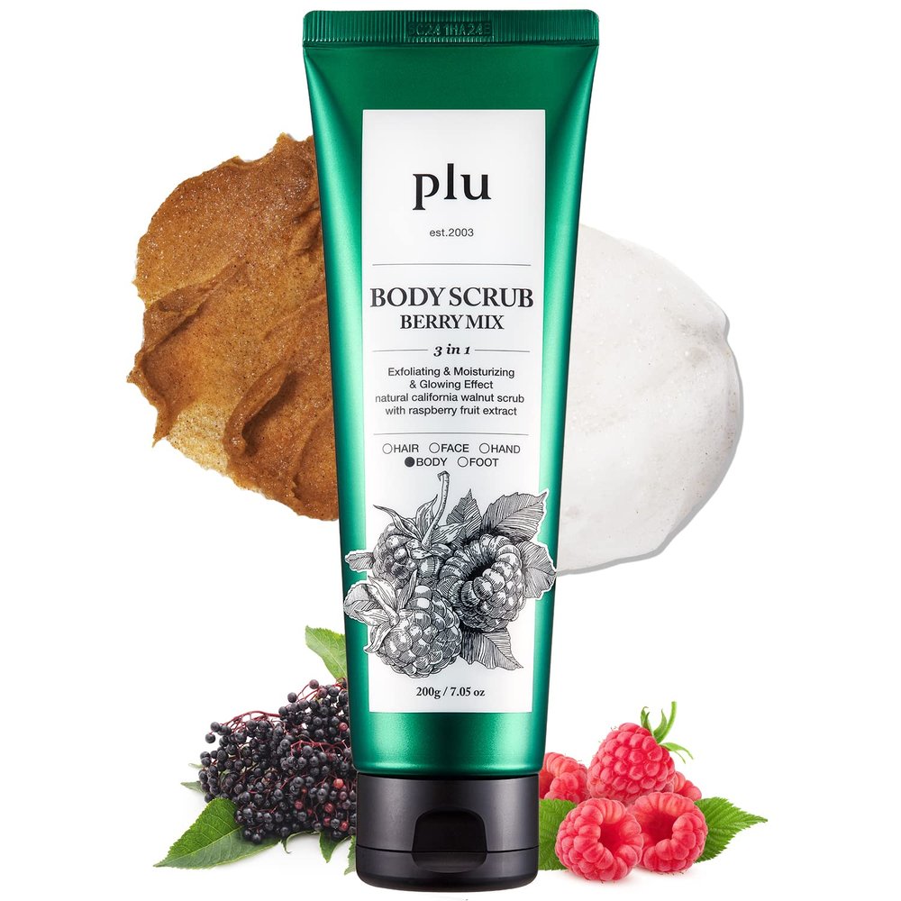 PLU Korean Original Walnut Body Scrub Polish - Berry Mix - Exfoliating, Hydrating & Smoothing for Radiant Skin Texture - Sweet Raspberry & Acai Berry Scent, 6,76 oz.