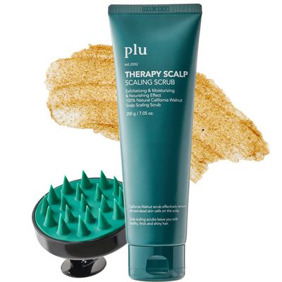 PLU Korean Therapy Scalp Scaling Scrub with Silicone Scalp Massager Brush - Walnut Scalp Scrubber Gel for Oily Scalp and Dandruff - Scalp Exfoliating & Deep Cleansing Combo Set