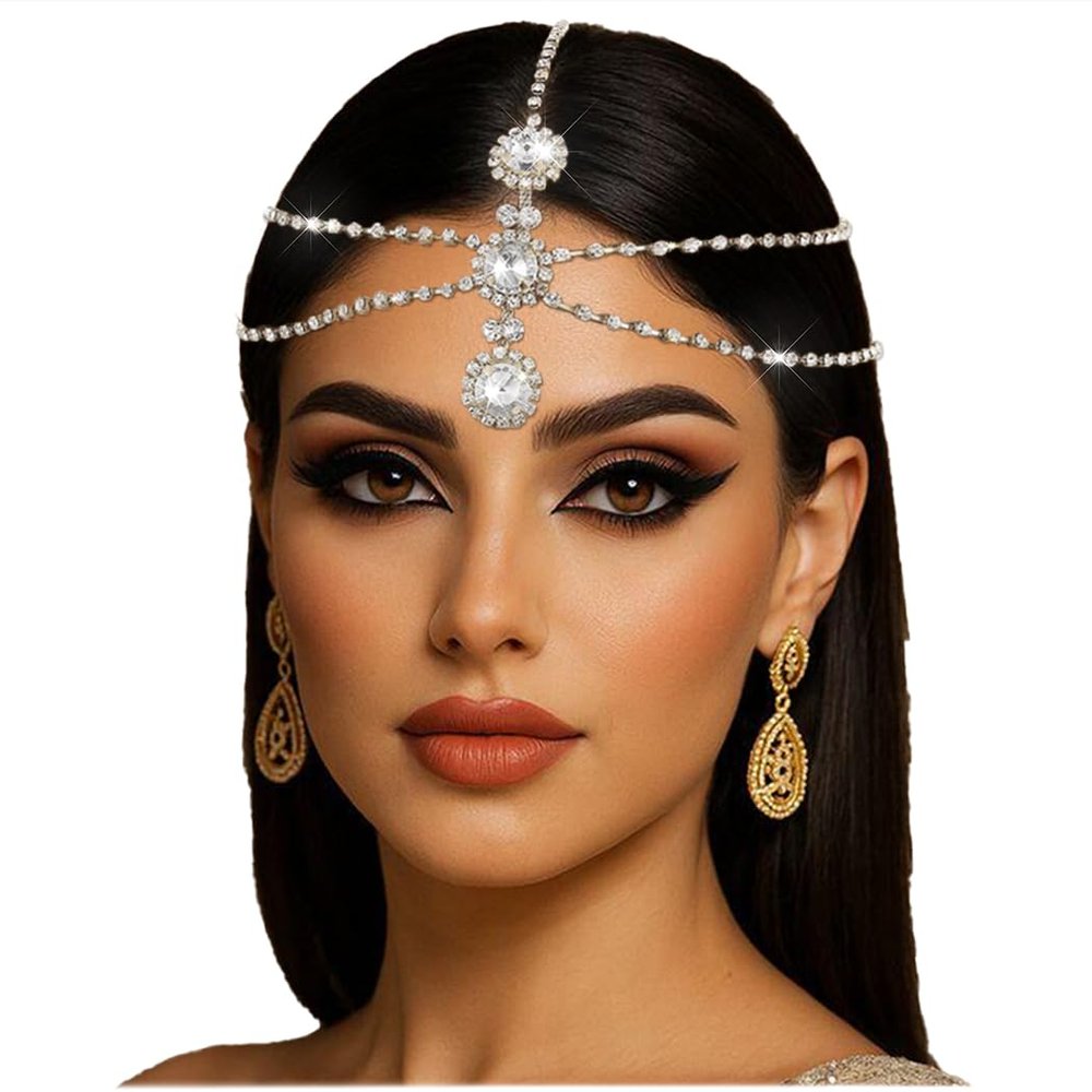 Aularso Layered Head Chain Rhinestone Head Jewelry Gold Wedding Headbands Chain Crystal Fprehead Headpieces for Women (Silver)