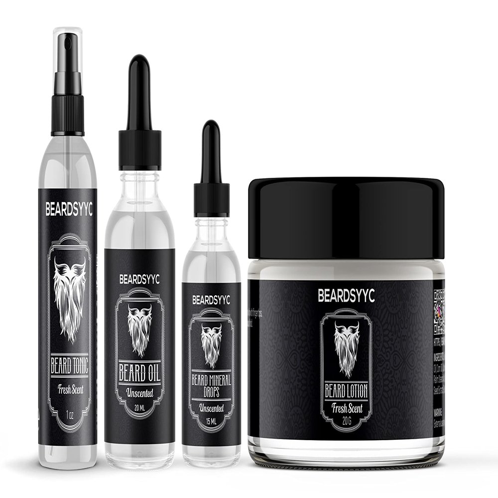 BEARDSYYC Beard Grooming Kit for Men, All-in-ones Beard Gift Set- Beard Lotion, Beard Mineral Drops, Beard Oil & Beard Tonic Spray w/Clear Bag Case, Made in Canada