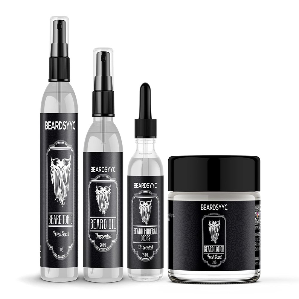 Beard Grooming Kit for Men, All-in-one Gift Sample Kit (Tester Pack - Beard Lotion, Oil, Mineral Drops & Beard Tonic Spray w/Clear Bag Case (BEARDSYYC)