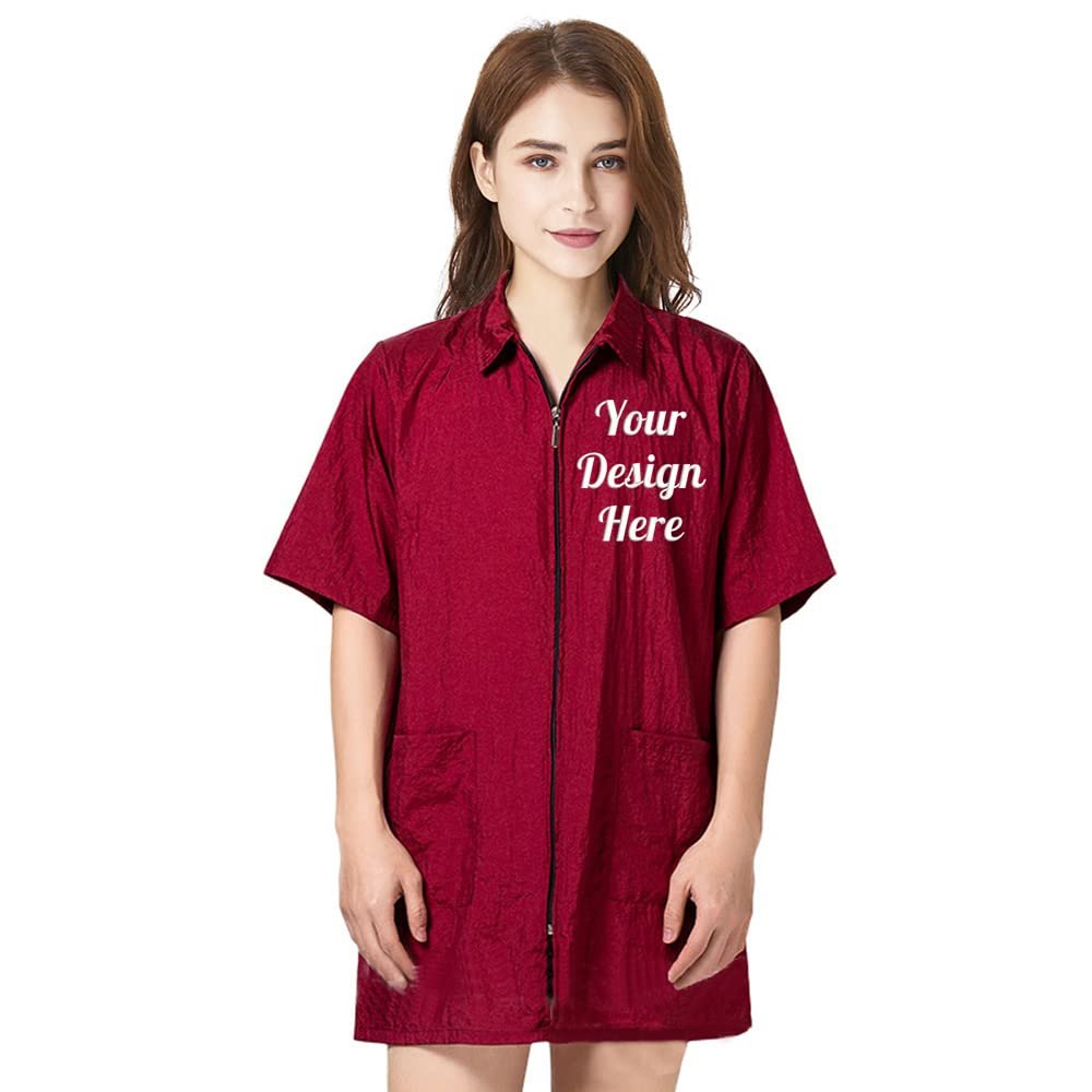 TopTie Custom Embroidery Nylon Salon Hairstylist Smock Barber Haircut Zipper Jacket, Dog Pet Grooming Work Shirt Uniform-Red-L