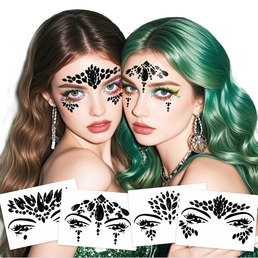 Black Face Jewels Tattoo,Body Stickers Tears Gem Temporary Stickers for Halloween Festival Music Carnival Party Makeup,4-Pack