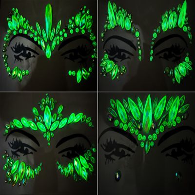 Noctilucence Face Gems Jewels, Festival Face Jewels Tattoo Stickers, Luminous Rave Crystals Face Gems Stick on, Body Gem Temporary Face Tattoos for Festival,4-Pack