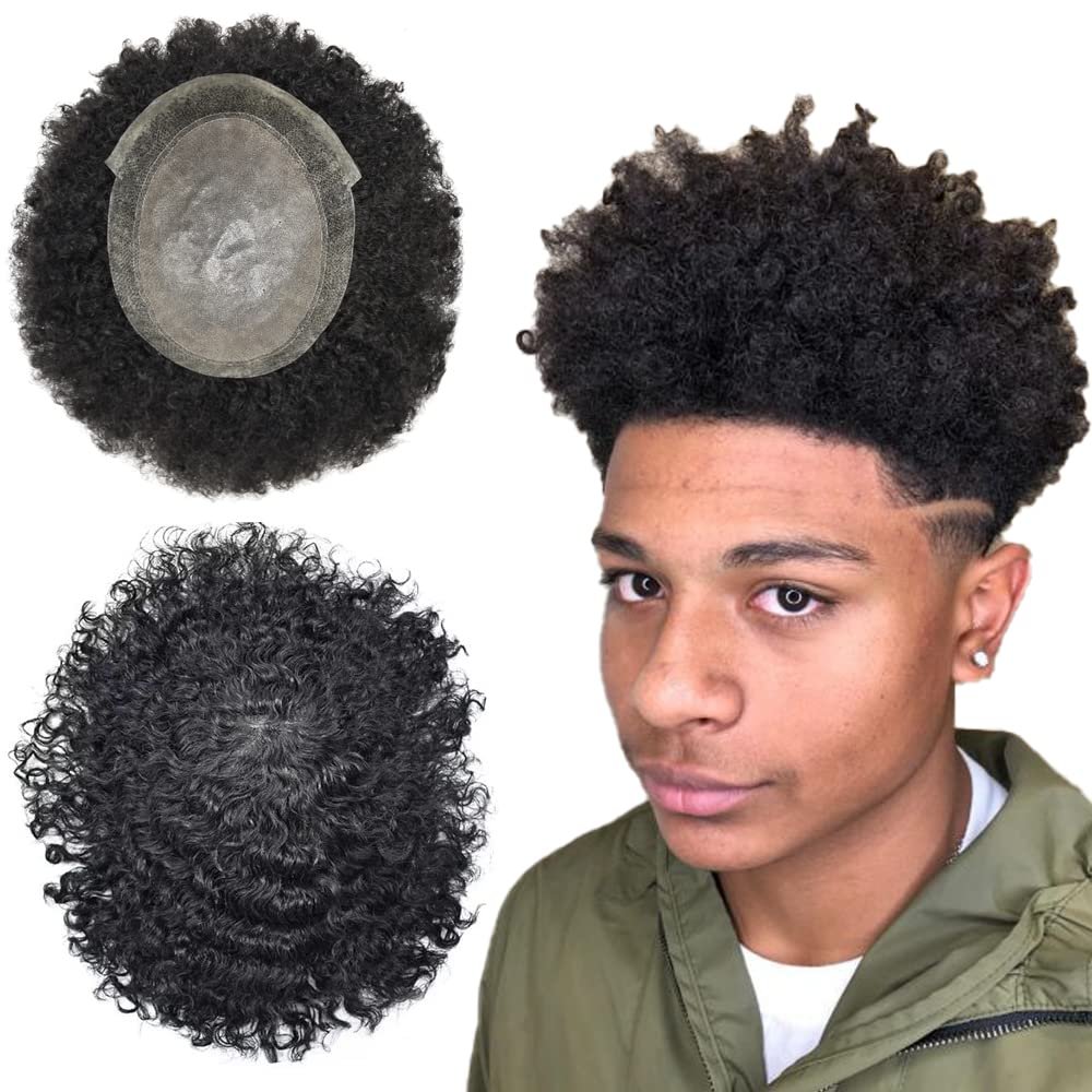 Afro Curl Toupee For Black Men African American Hair Pieces Man Weave Hair Units Kinky Curly Human Hair Replacement System Bleached Knots With Natural Hairline Afro toupee Unit (AFRO PU-F 8''*10'', 1B# OFF BLACK- 6MM wave)