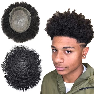 Afro Curl Toupee For Black Men African American Hair Pieces Man Weave Hair Units Kinky Curly Human Hair Replacement System Bleached Knots With Natural Hairline Afro toupee Unit (AFRO PU-F 8''*10'', 1# JET BLACK-12MM-WAVE)